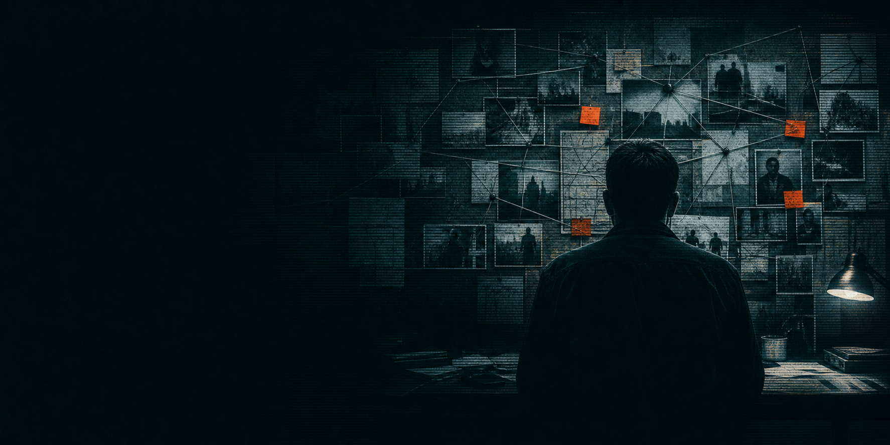 A person facing a wall of connected material, used as a visual metaphor for reconstructing an attack scenario