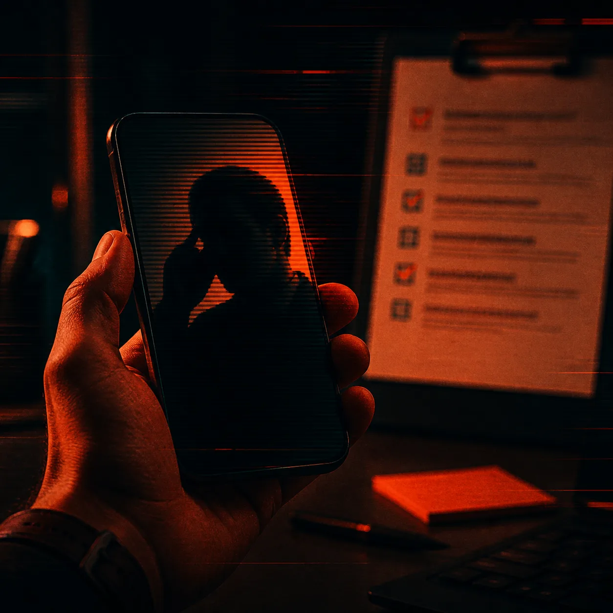 A hand holding a phone while an unknown caller waits in shadow